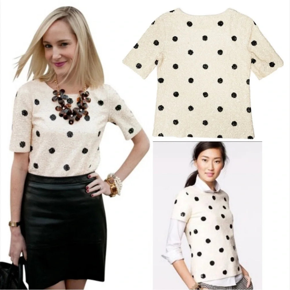 J. Crew Sequin Ivory and Black Polka Dot Top - Picture 5 of 16